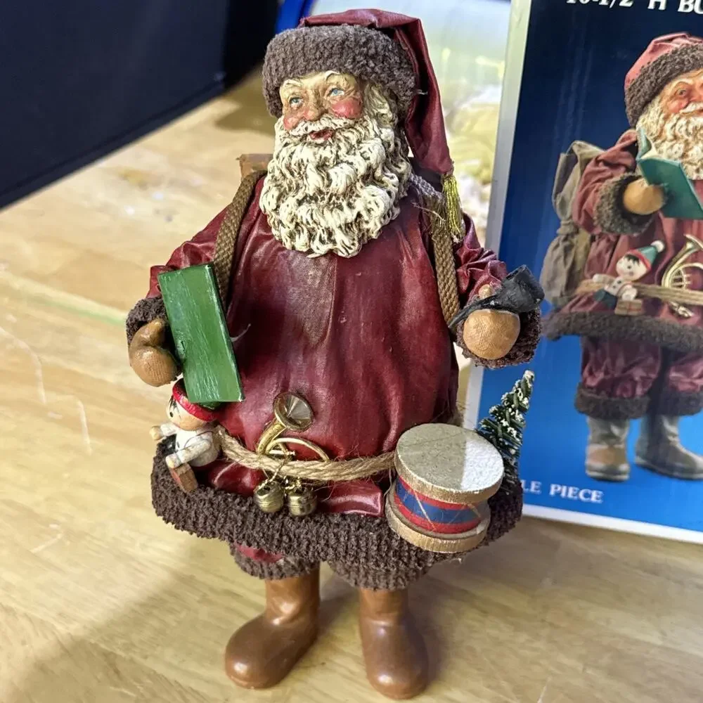 Kurt Adler Santa’s World Fabric Mache 10.5” Burgundy Santa w/ Toys & Box VTG